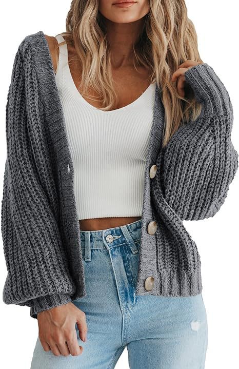 Women's Loose Knit Cardigan Sweater with Lantern Sleeves