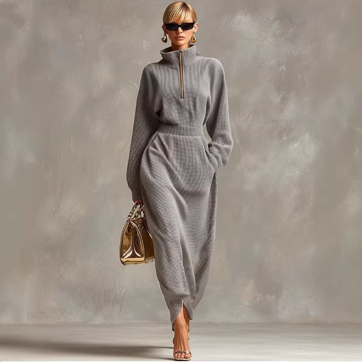 Light Gray Waffle Knit Long Sleeve Front Zip Collared Maxi Dress