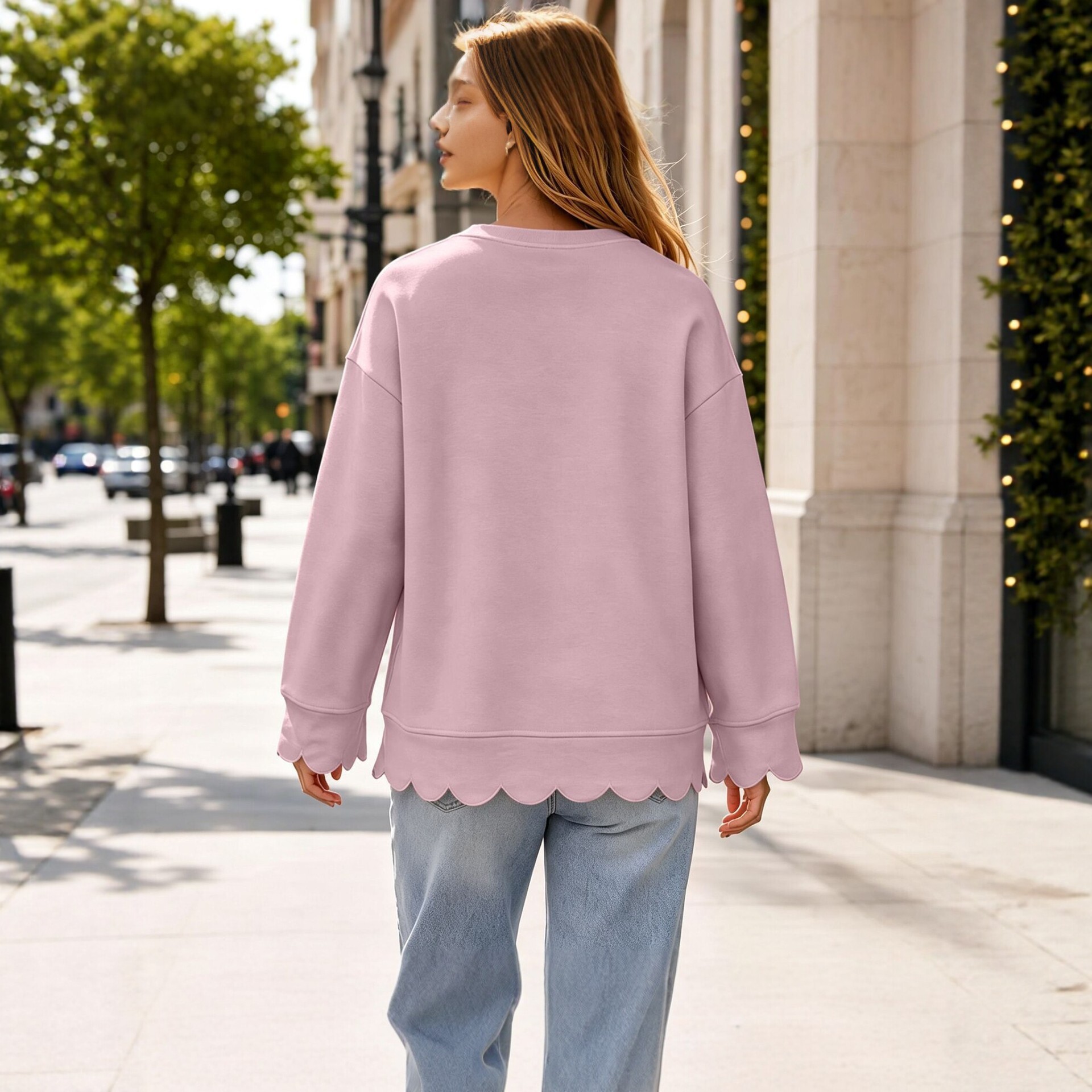 Women's Loose Fit Solid Crewneck Pullover Sweatshirt with Wavy Hem