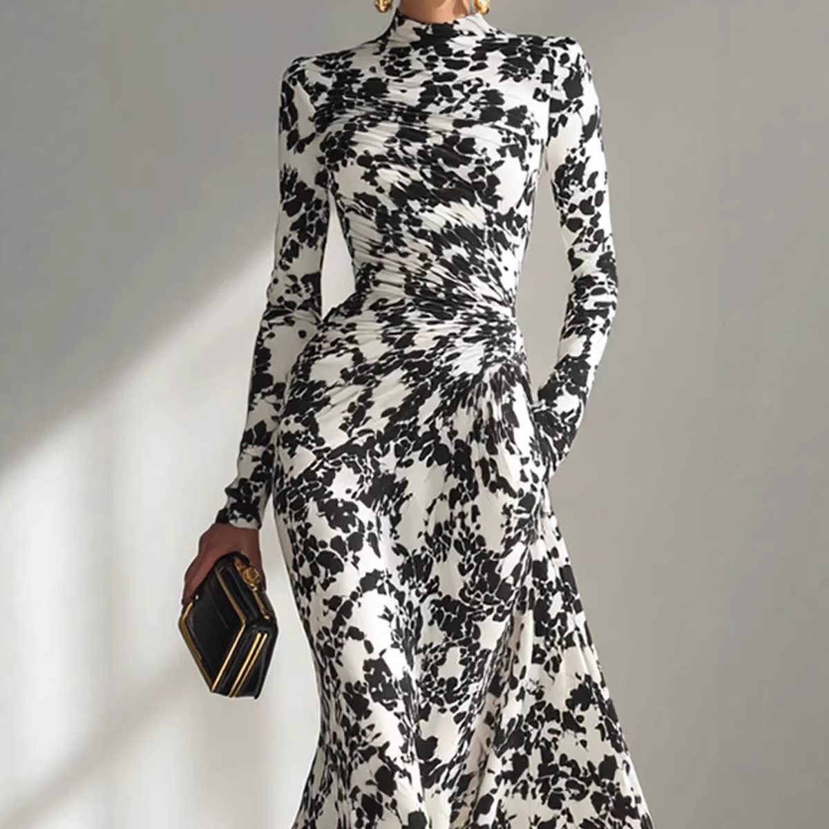 Women's Long Sleeve High Waist Pleated Maxi Dress