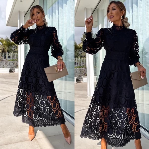 Sexy Cutout Long Sleeve Stand Collar Lace Trim Maxi Dress