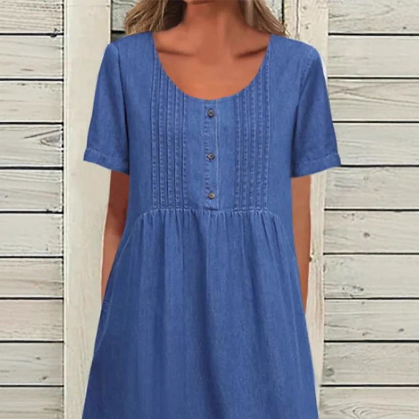 Women's U-Neck Midi Denim Dress Short Sleeve Elegant