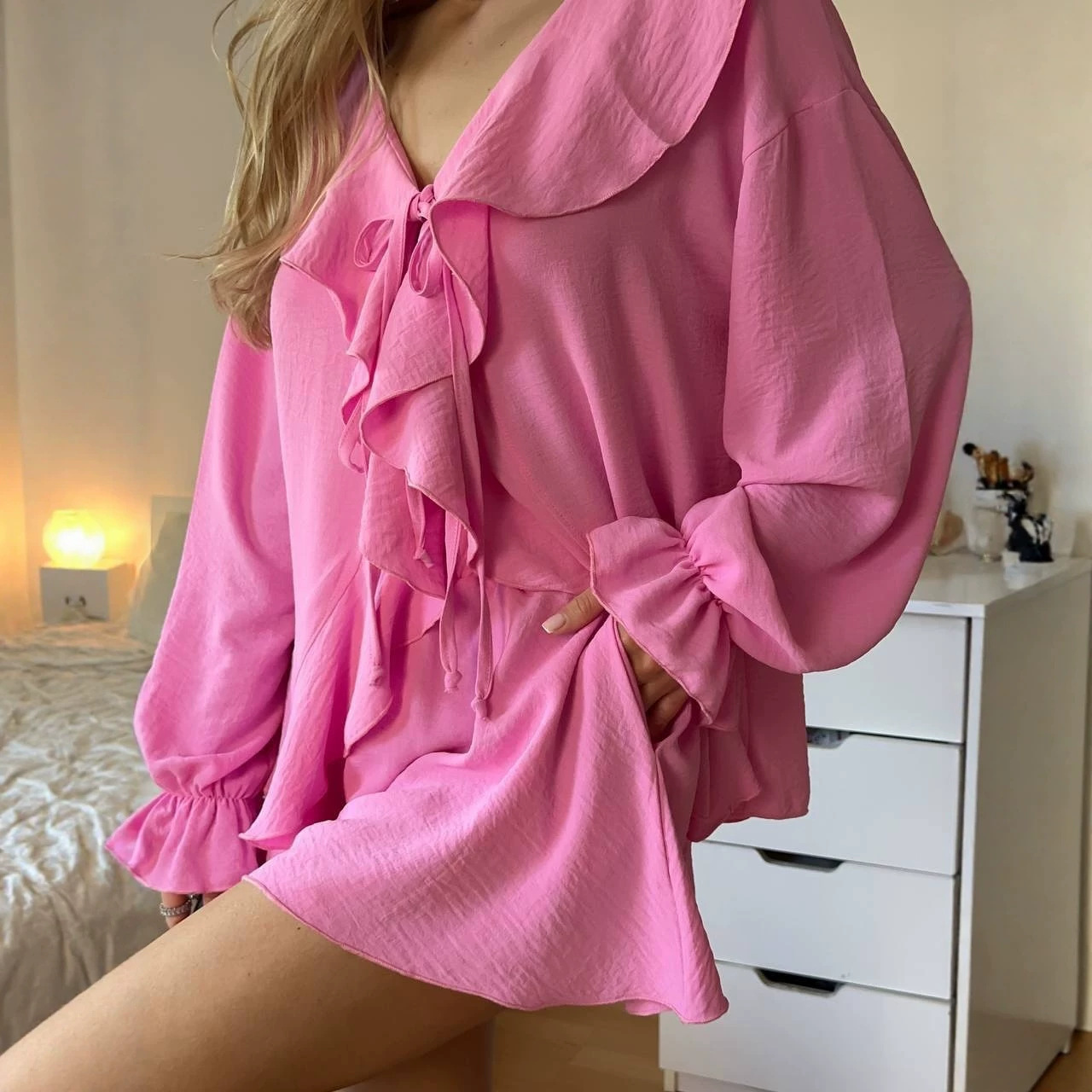 Women's Ruffle Trim Loose Top and Shorts Two-Piece Set