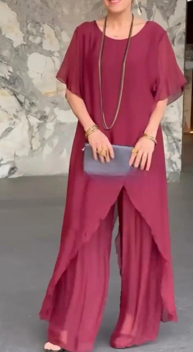 Women's Chiffon Two-Piece Set with Asymmetric Top and Loose Pants