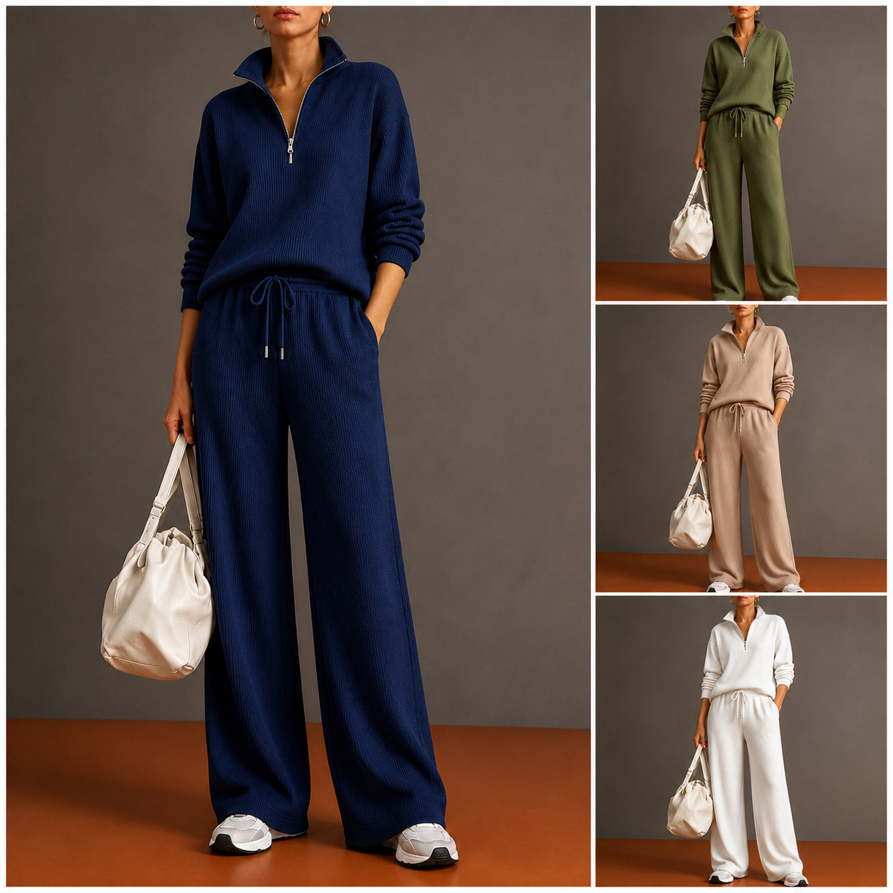 2026 Amazon Cross-Border New Fall/Winter Women's Tracksuit Half-Turtleneck Zip Hoodie Wide-Leg Pants Set for Women