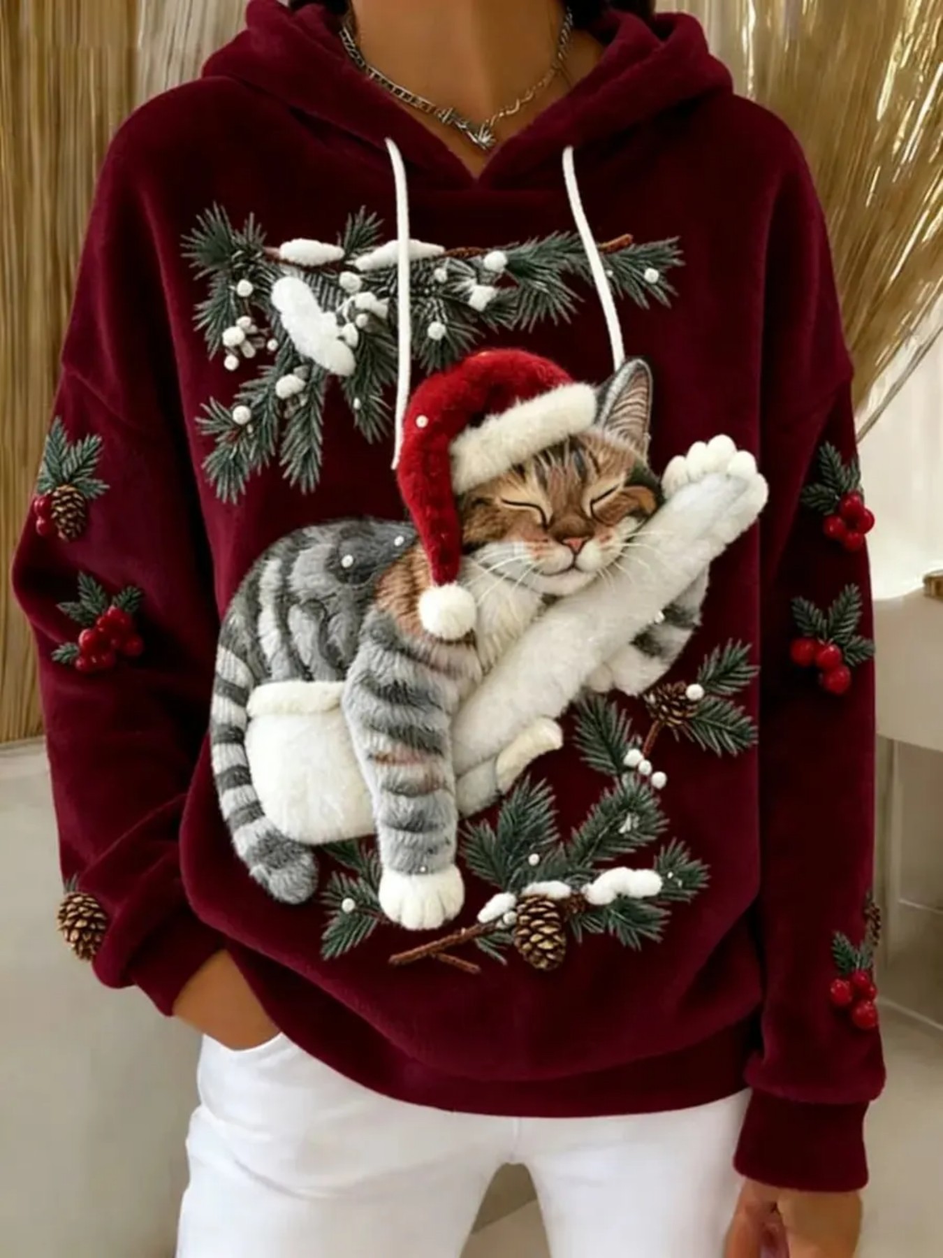 Christmas Cat Print Fleece Hoodie Women's Pullover