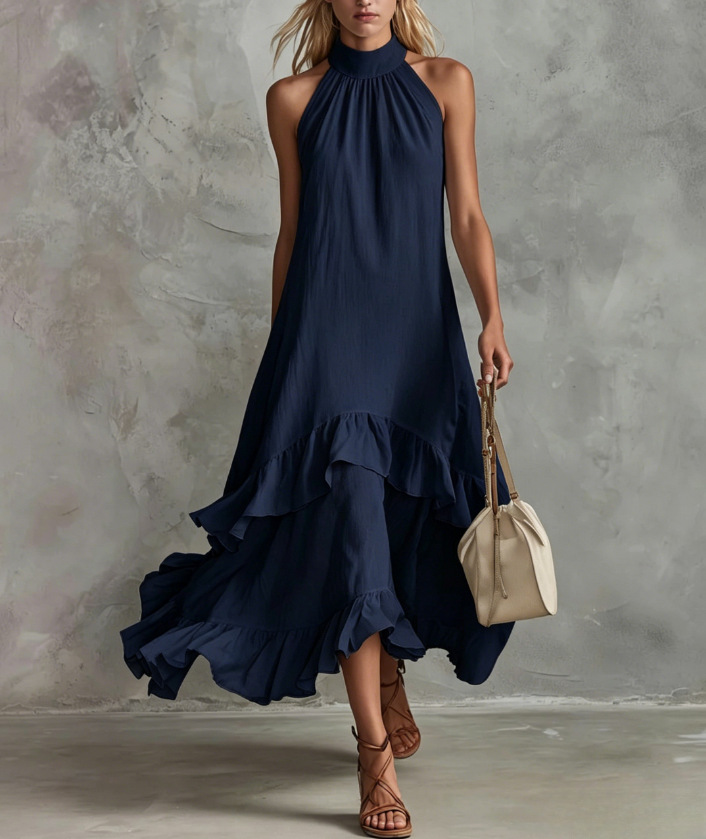 White Sleeveless Ruffle Midi Beach Dress