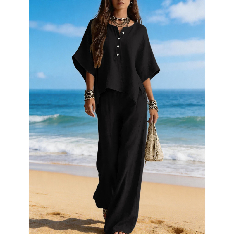 Women's Asymmetrical Round Neck T-Shirt and Pants Two-Piece Set