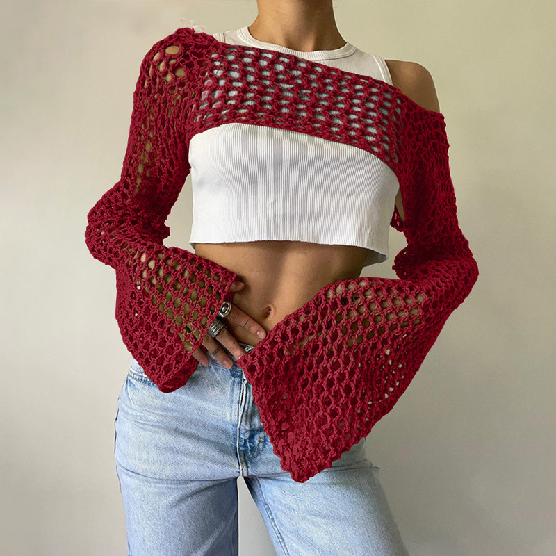 Women's Crochet Mesh Crop Top with Bell Sleeves