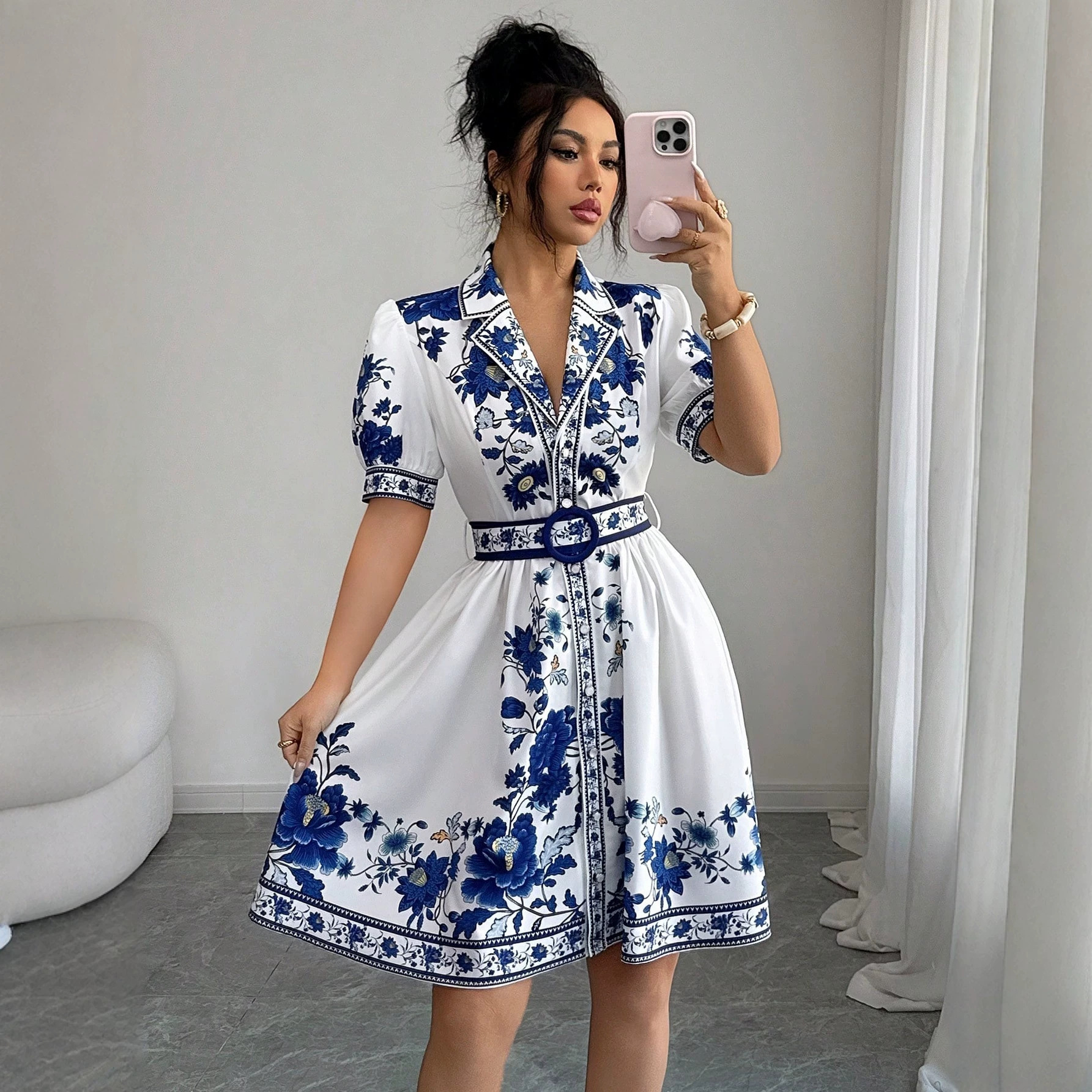 Floral Bubble Sleeve A-Line Mini Dress with Belt