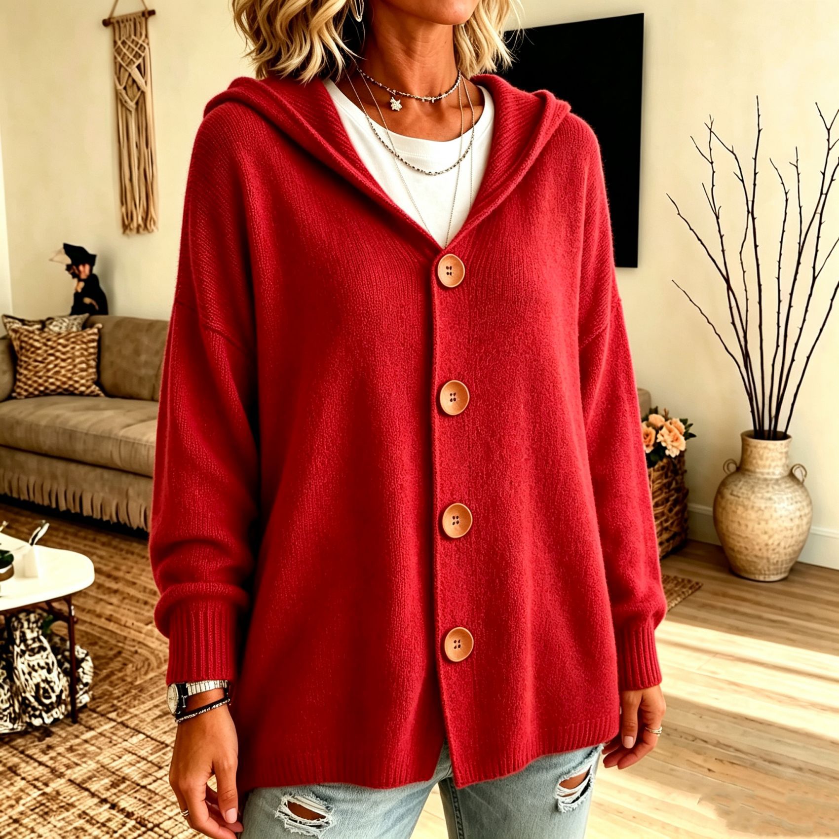 Button-Up Knit Hooded Cardigan Sweater Jacket Solid Casual Women's