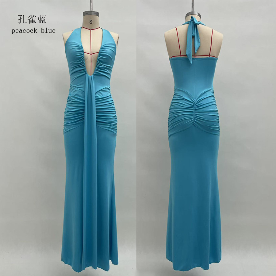 Elegant Solid Halter Deep V Mermaid Maxi Dress with Open Back and Sash