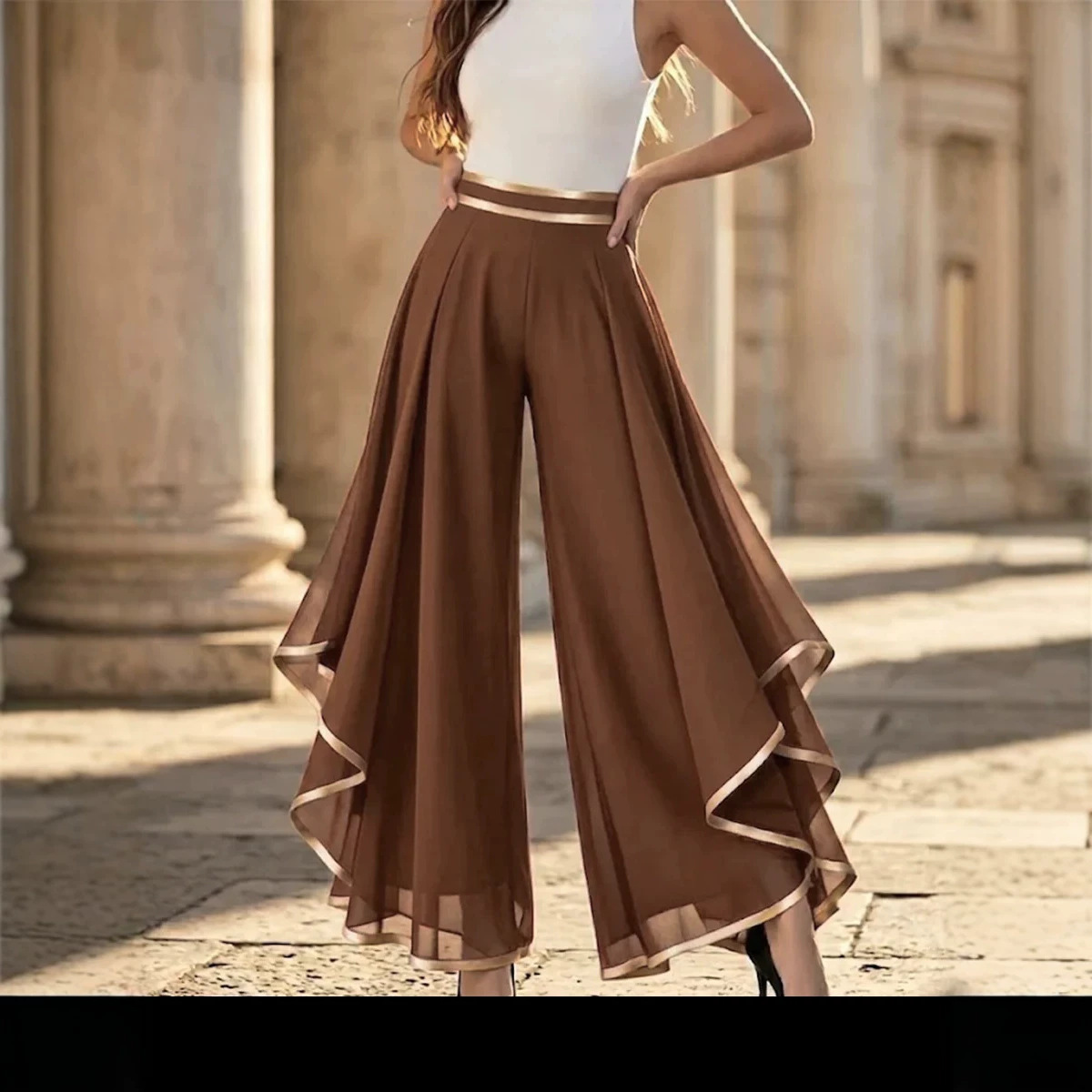 Women's High-Waist Wide-Leg Chiffon Pants with Contrast Piping