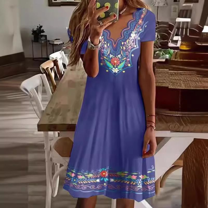 Women's Wave V-Neck Floral Print Short Sleeve Casual Dress