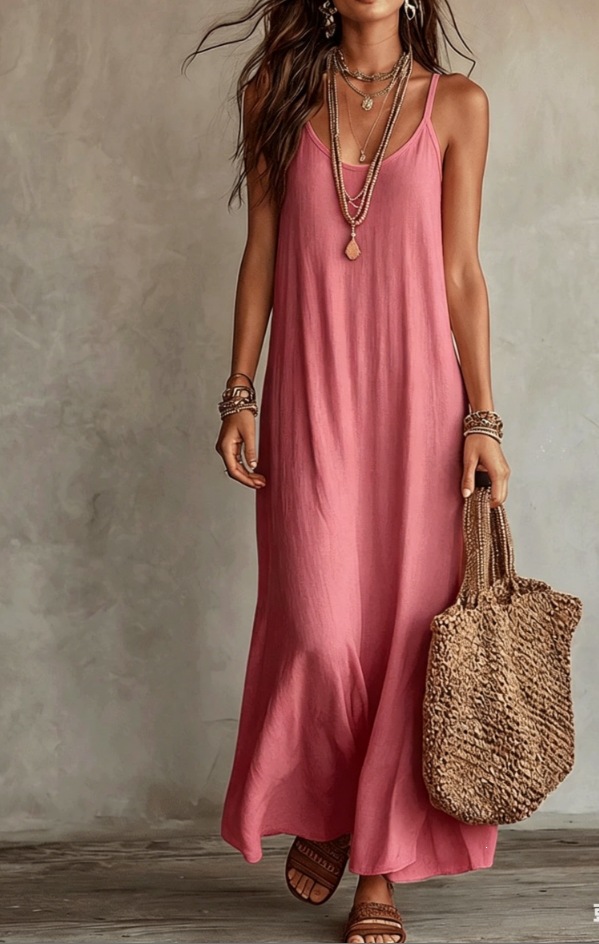 Boho Solid Color V-Neck Cami Dress Relaxed Fit