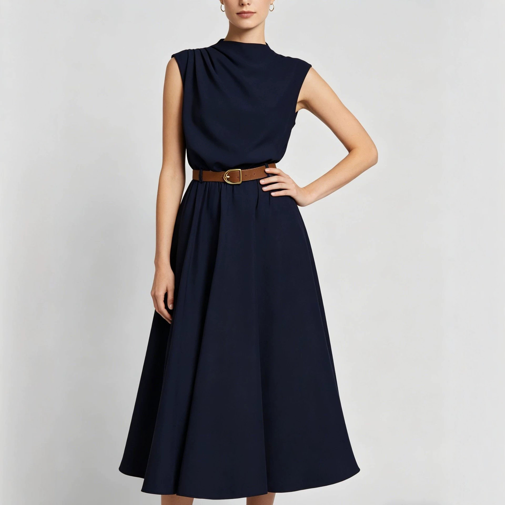 High Neck Sleeveless A-Line Midi Dress with Side Ruching and Belt