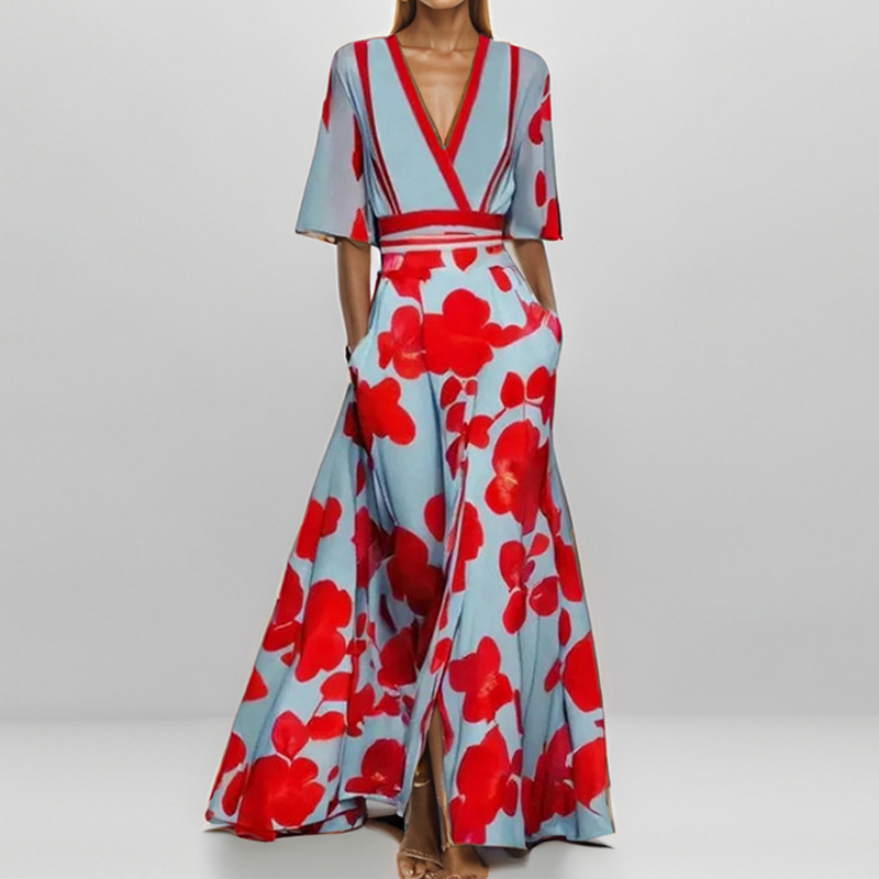 Elegant V-Neck Floral Print Slim-Fit Long Dress