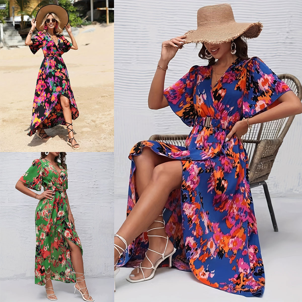 Bohemian V-Neck Gradient Print Cinched Waist Beach Dress