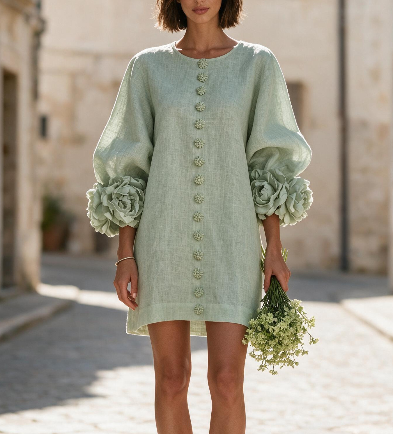 French 3D Floral Lantern Sleeve Dress