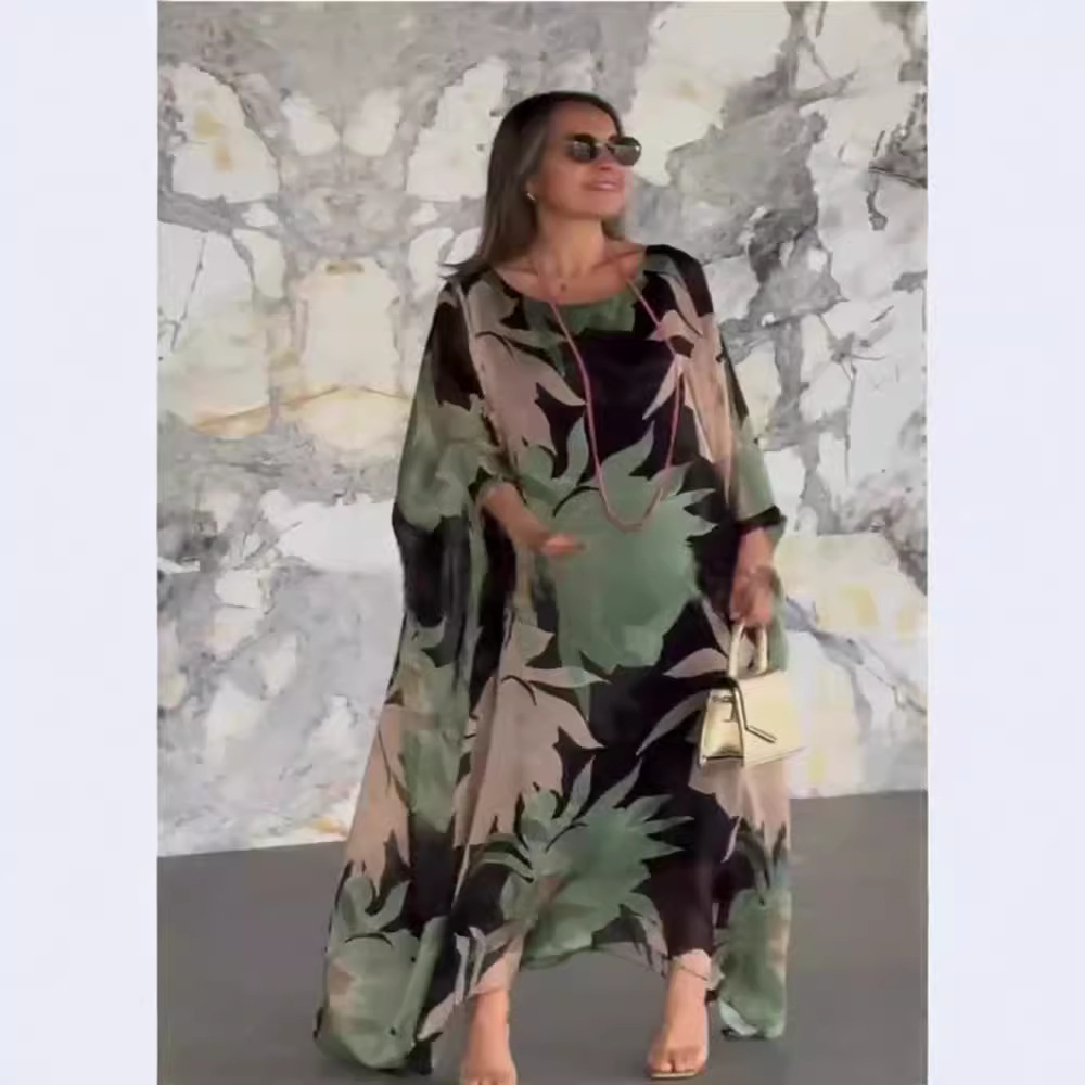 Floral Print Round Neck Long Sleeve A-Line Dress