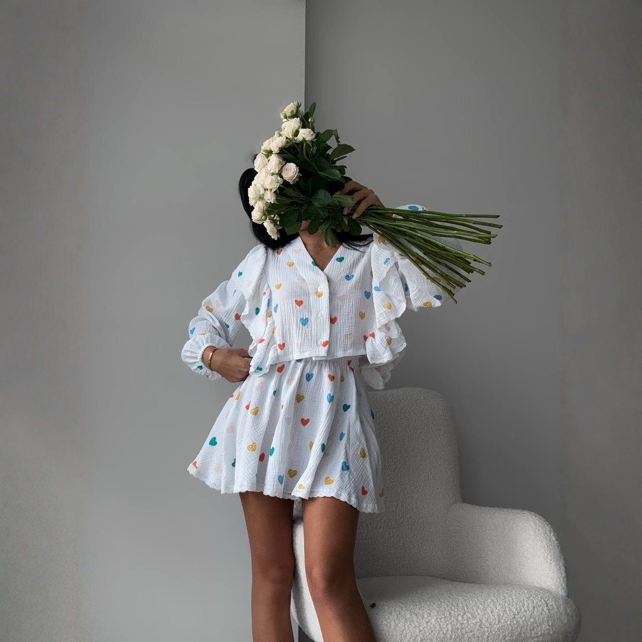 Heart Print Puff Sleeve Lace-Up Short Shirt and Sweet Skirt Set