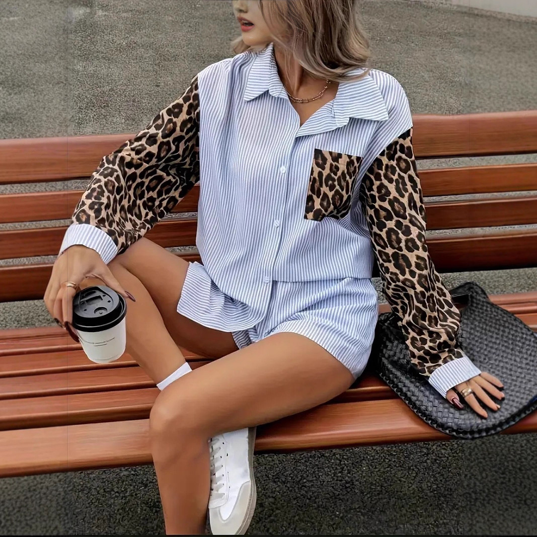 Women's Striped Patchwork Shirt and Shorts Two-Piece Set