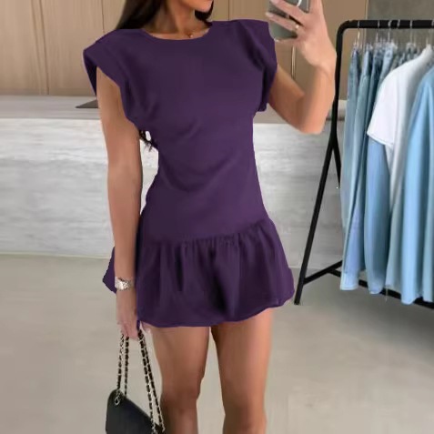 Round Neck Cap Sleeve Dress with Cinched Waist and Ruffle Hem