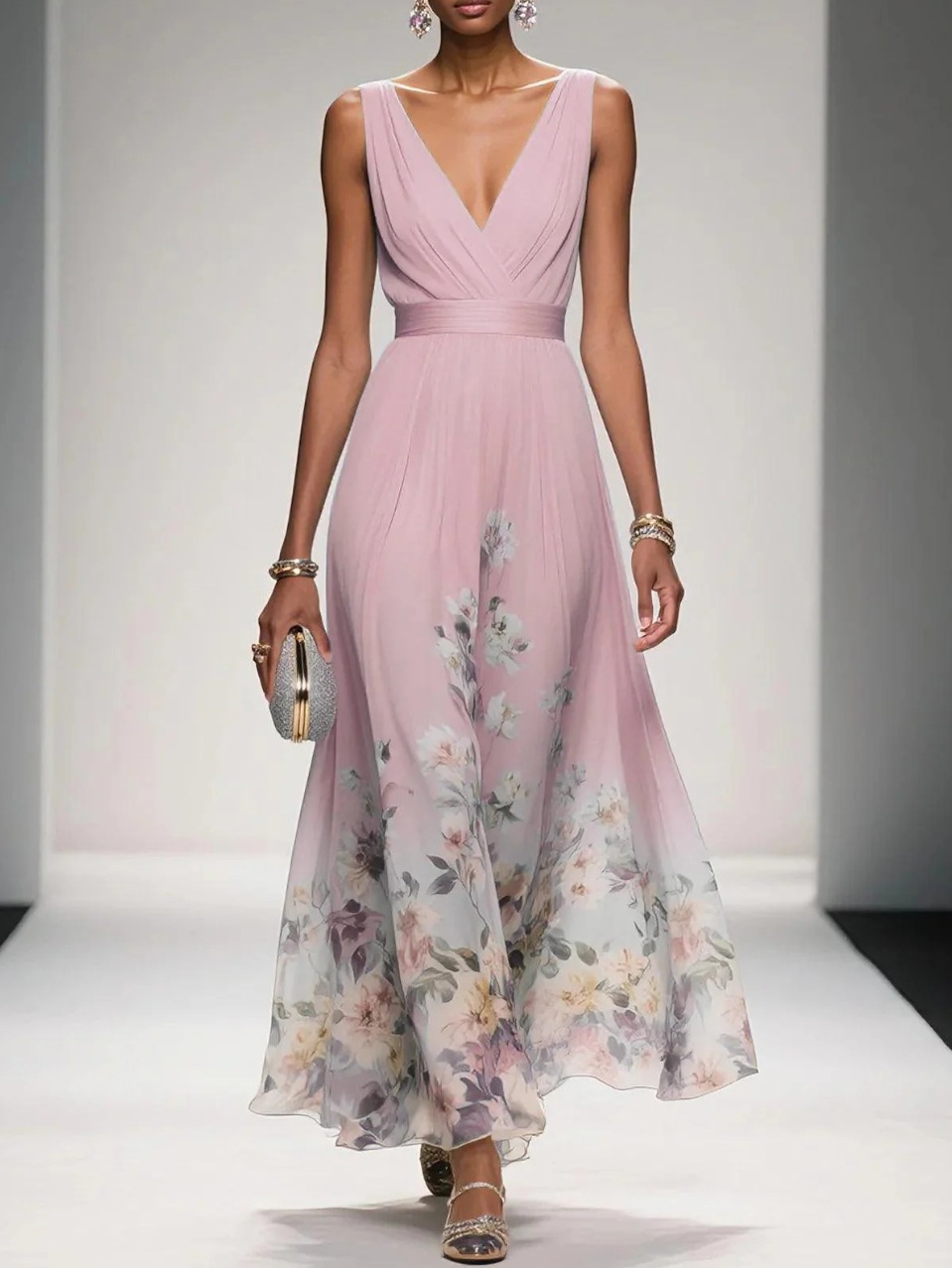 Elegant V-Neck Sleeveless Maxi Dress with Printed Hem