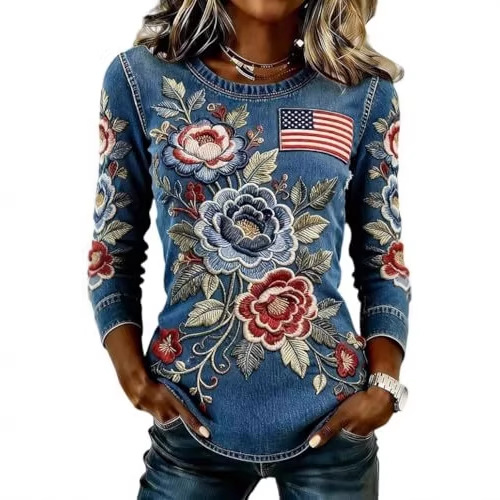 Women's American Flag Floral Print Crewneck Sweatshirt