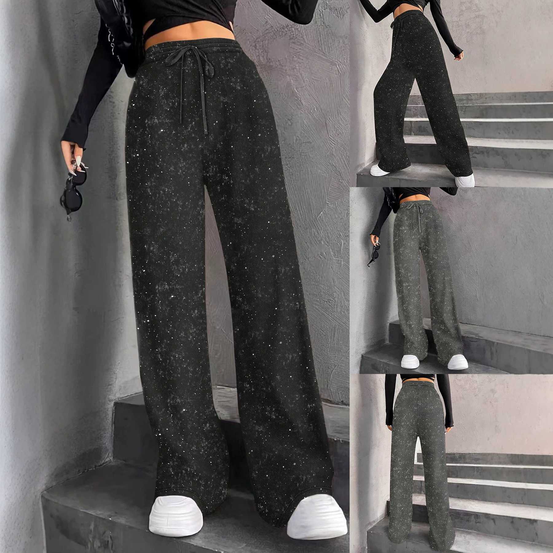 Glitter Star Wide-Leg Pants for Women Summer Drapey Straight Elastic Waist
