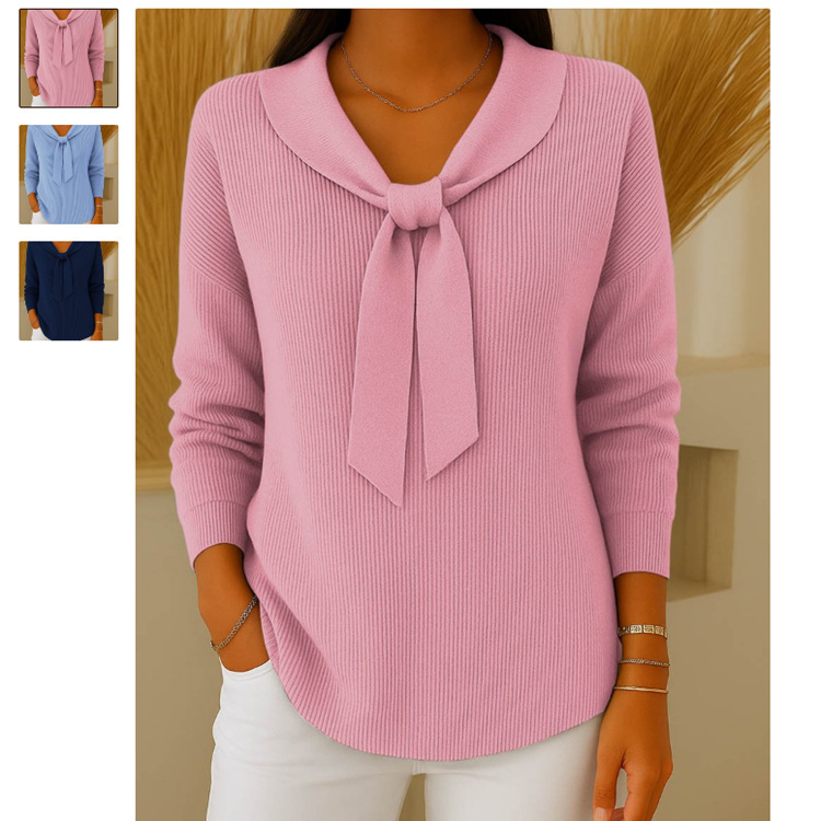 Bow Knit Sweater Solid Color Doll Collar Pullover