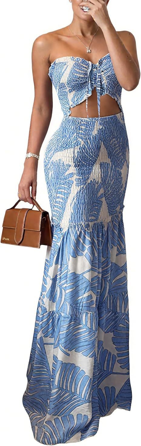 Tropical Print Smocked Tube Top and Ruffle Hem Long Pants Set