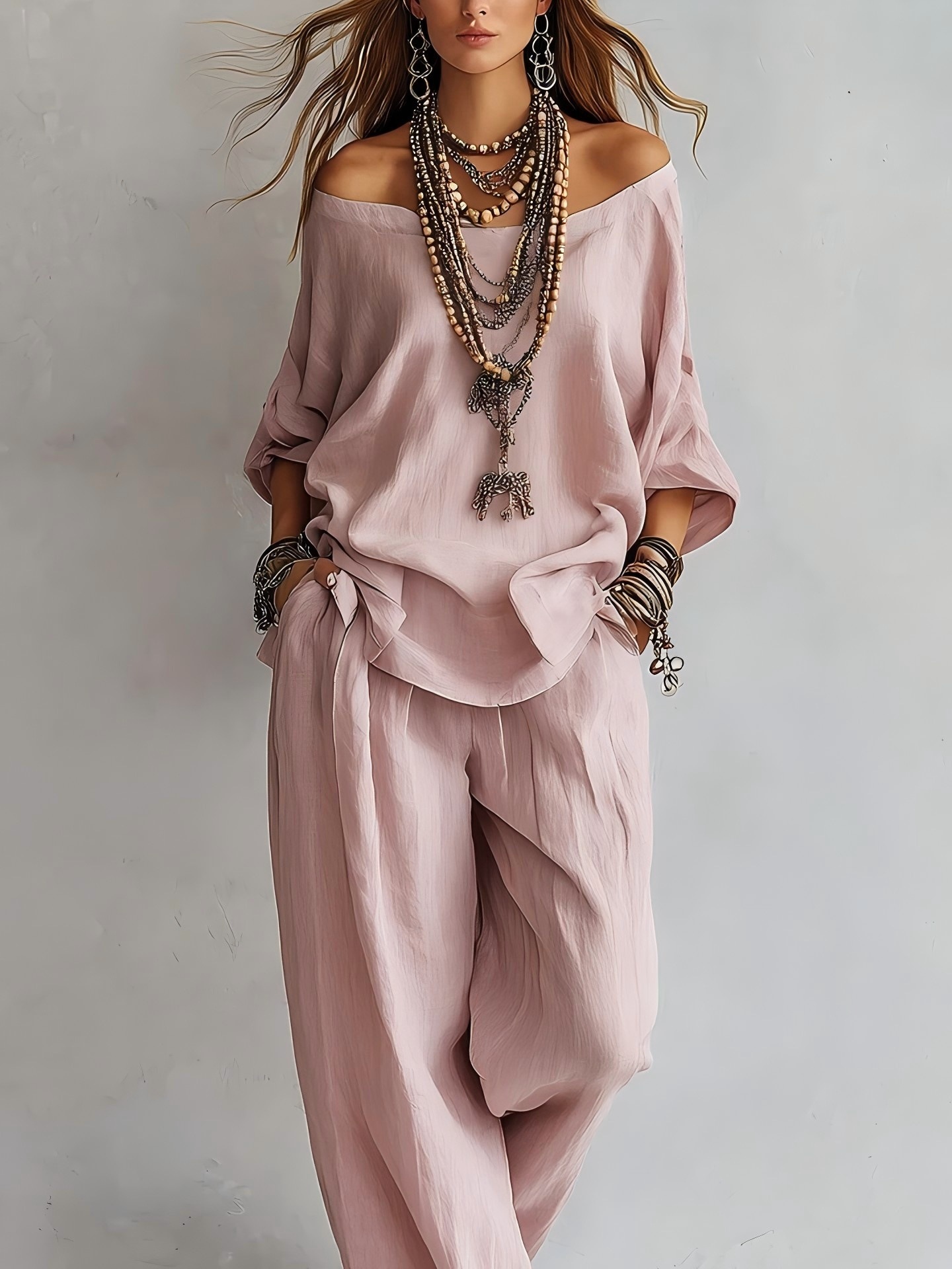 Off-Shoulder Two-Piece Set with Batwing Sleeve Top and High-Waist Wide-Leg Pants