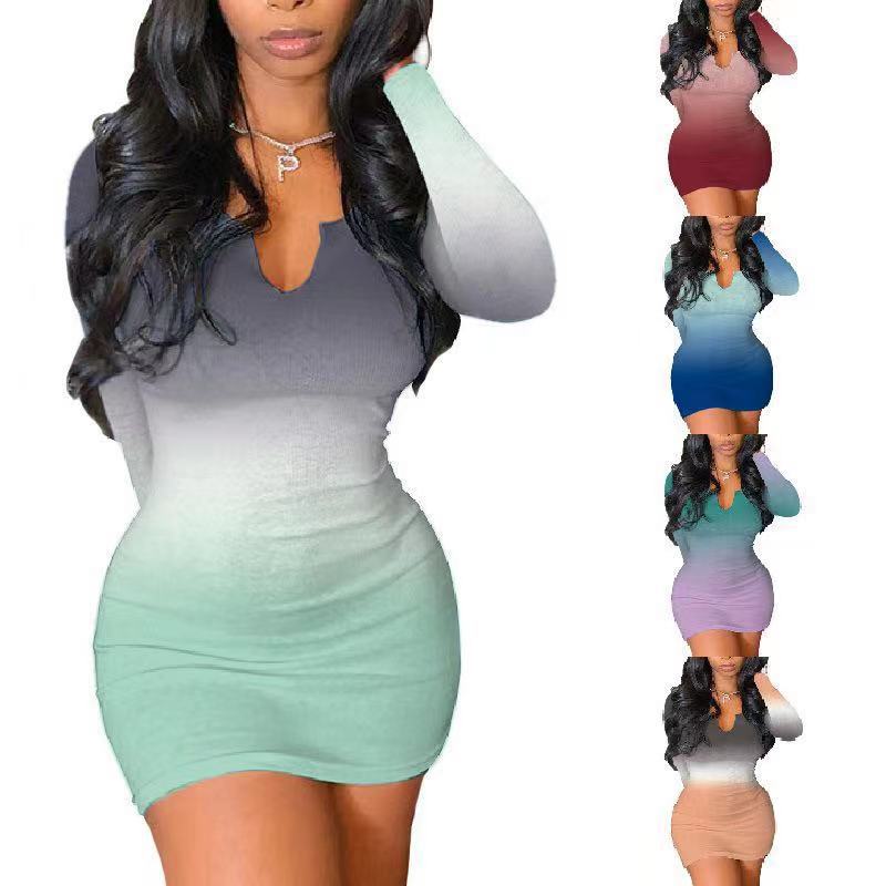 Women's Deep V-Neck Long Sleeve Gradient Bodycon Dress