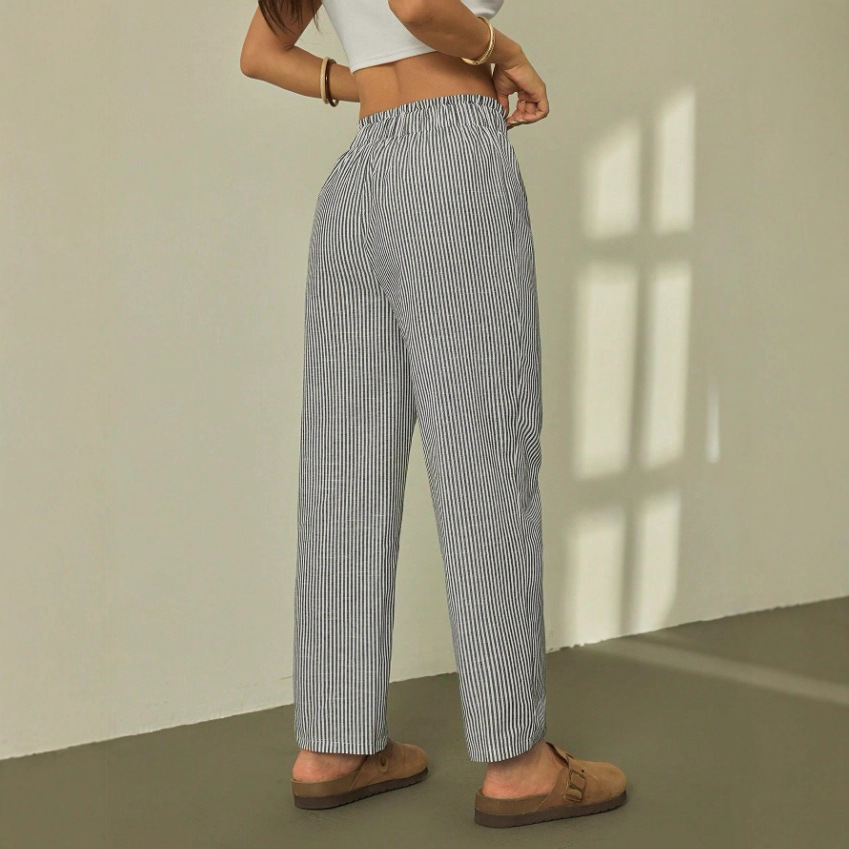 Women's Striped Elastic Waist Straight Leg Casual Pants