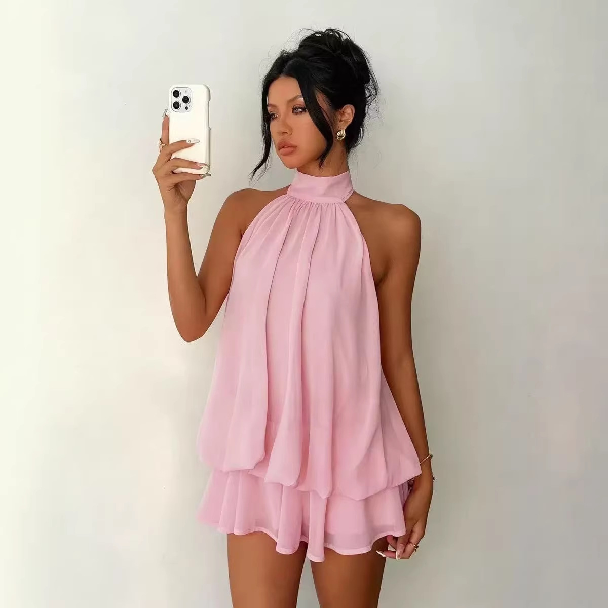 Solid Halter Neck Open Back Fitted Top Puff Skirt Mini Dress