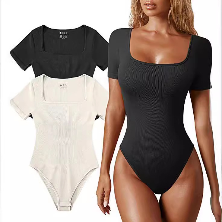 Ribbed Square Neck Short Sleeve Bodysuit