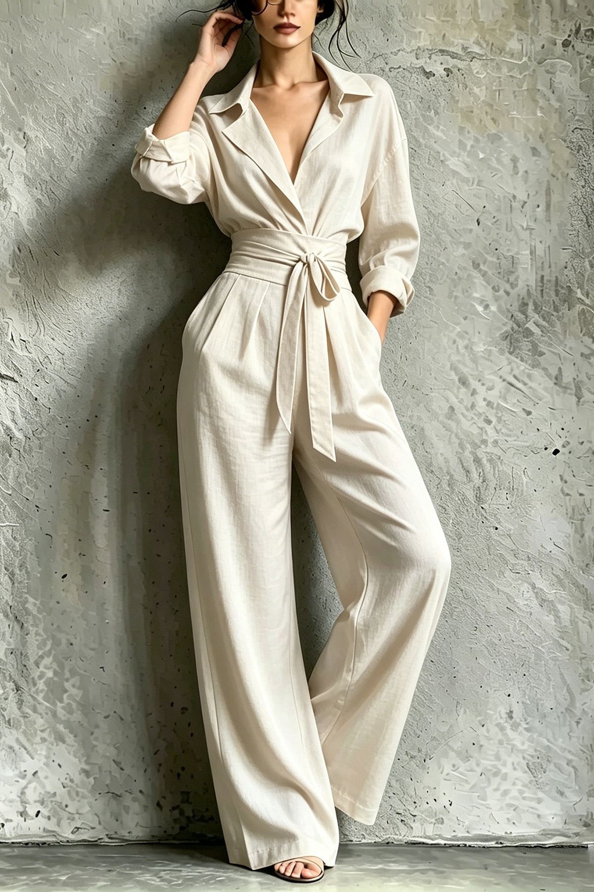 Women's Solid V-Neck Long Sleeve Wide Leg Jumpsuit