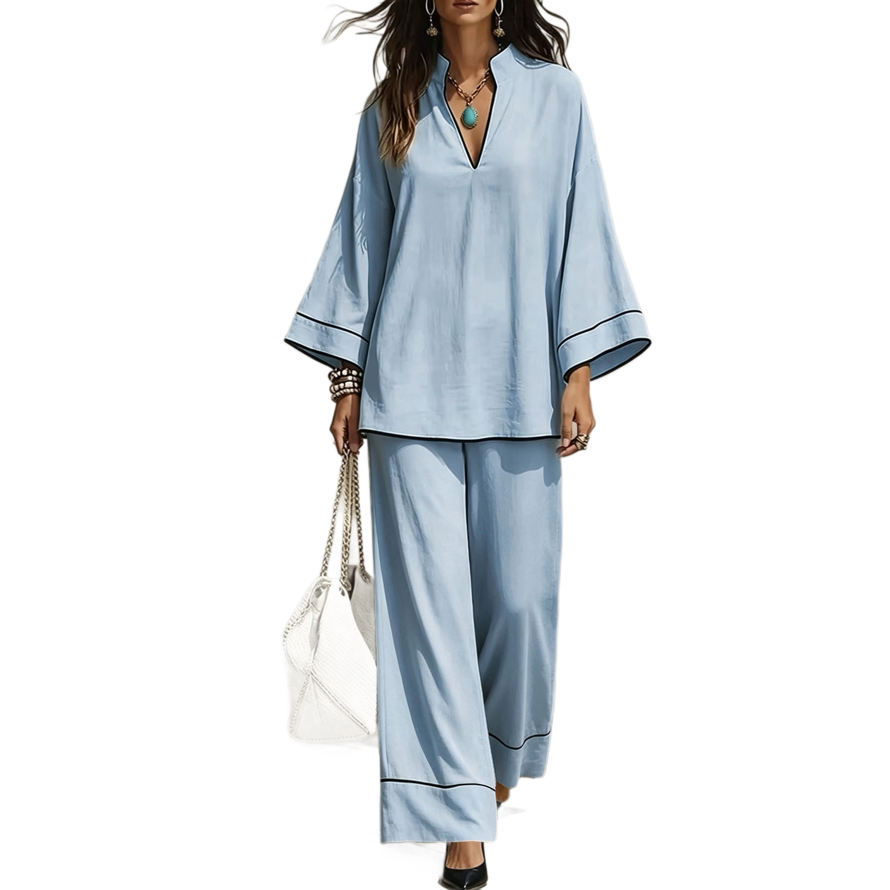 Women's Casual Two-Piece Set Long Sleeve V-Neck Colorblock T-Shirt and Pants