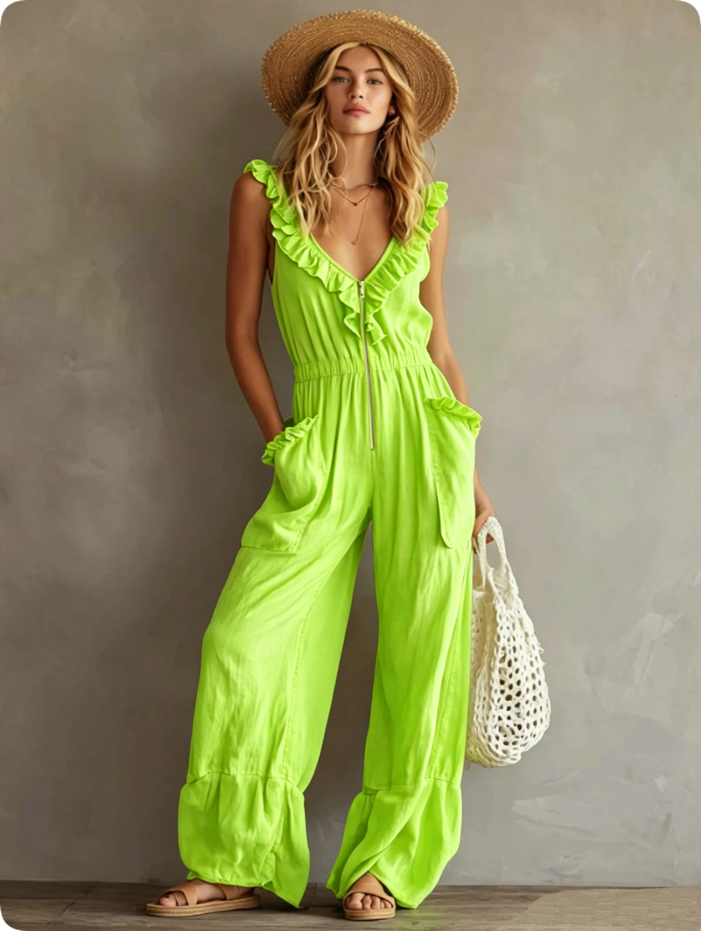 Sleeveless Ruffle Trim Wide-Leg Jumpsuit