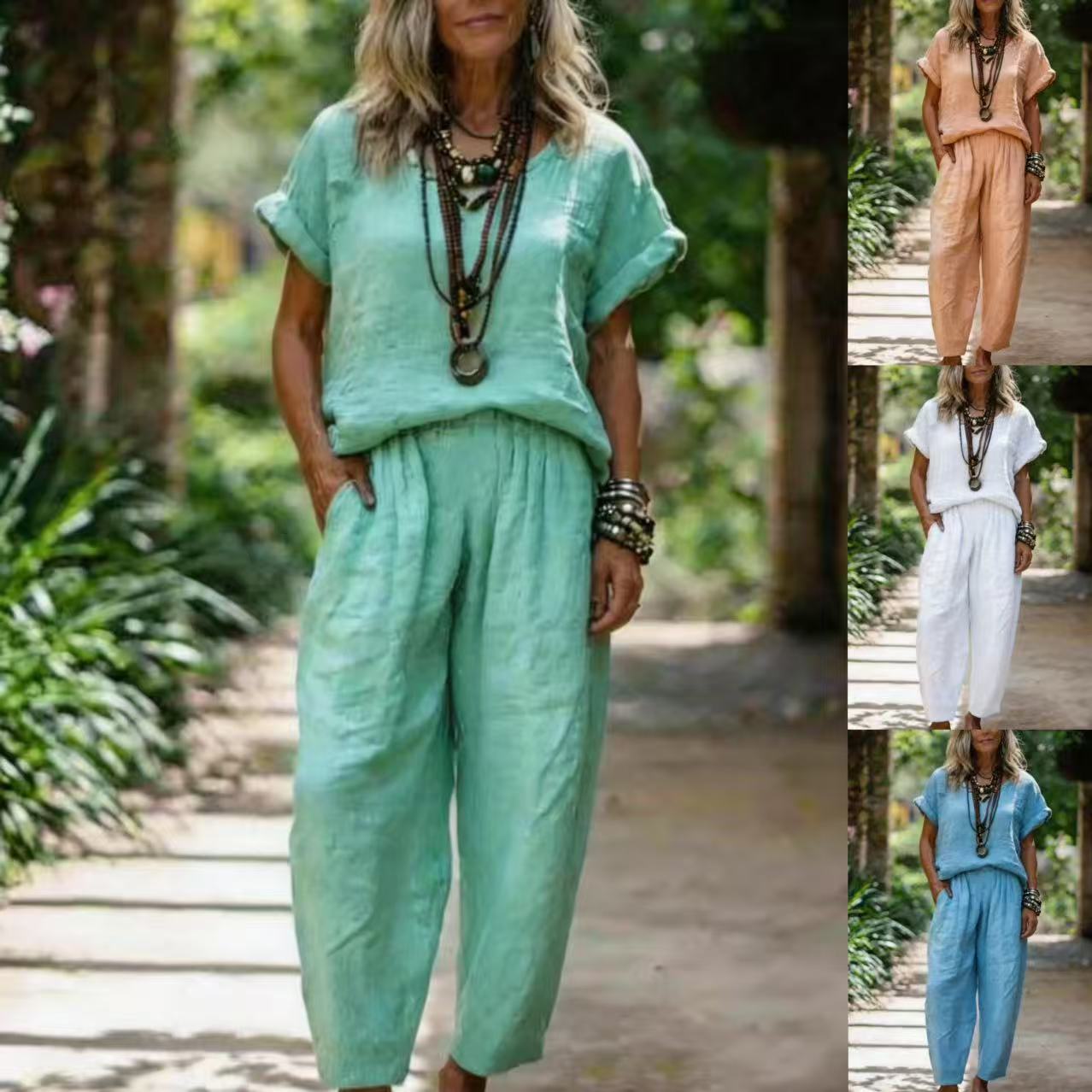Women's Cotton-Linen Short Sleeve Crewneck Top and Straight-Leg Pants Set