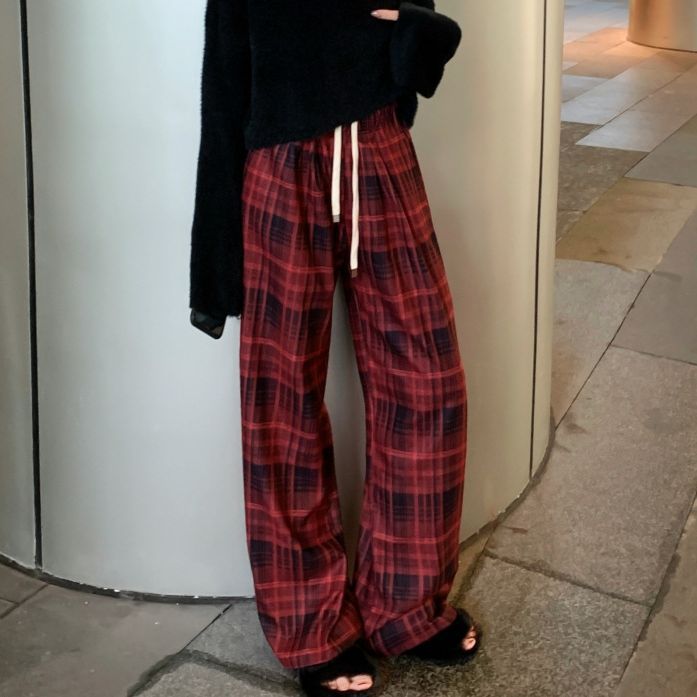 Retro Red Plaid High-Waist Straight-Leg Pants for Women