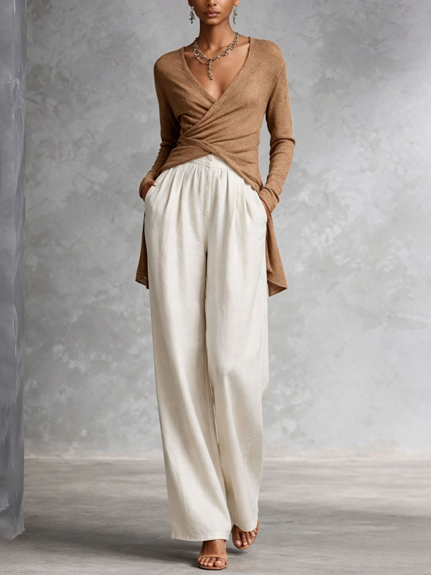 Women's Long Sleeve V-Neck Cross Waist Top and Pants Set