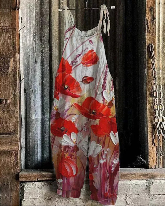 Women's Printed Cotton-Linen Cami Jumpsuit Sleeveless Wide-Leg Beach Romper