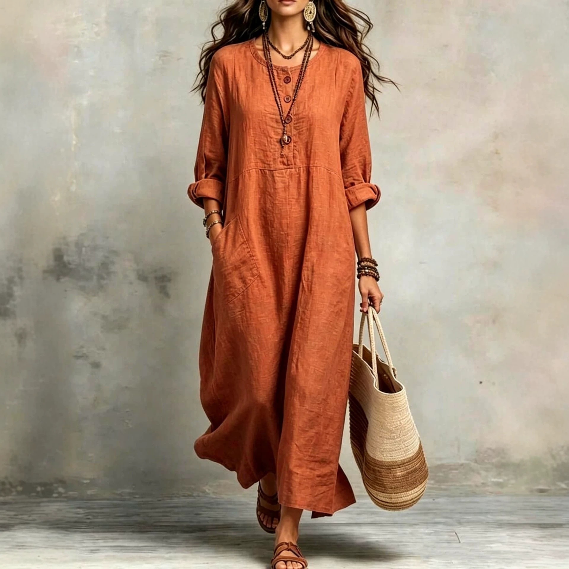 Women's Cotton-Linen Round Neck Long Sleeve Pocket Casual Dress