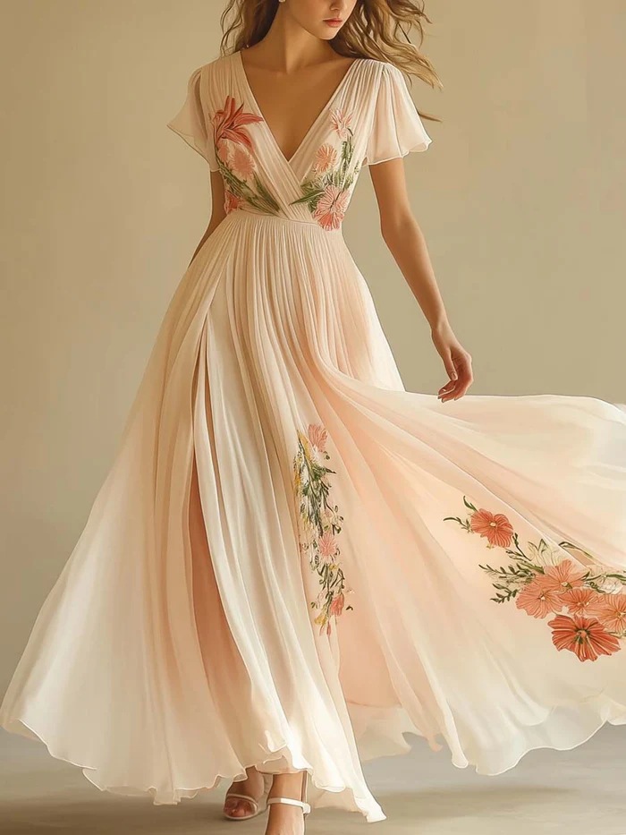 V-Neck Short Sleeve Digital Print A-Line Maxi Dress
