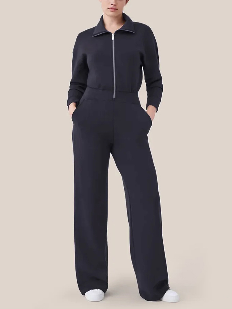 Women's Long Sleeve Wide Leg Jumpsuit Zip Collar Sweatsuit