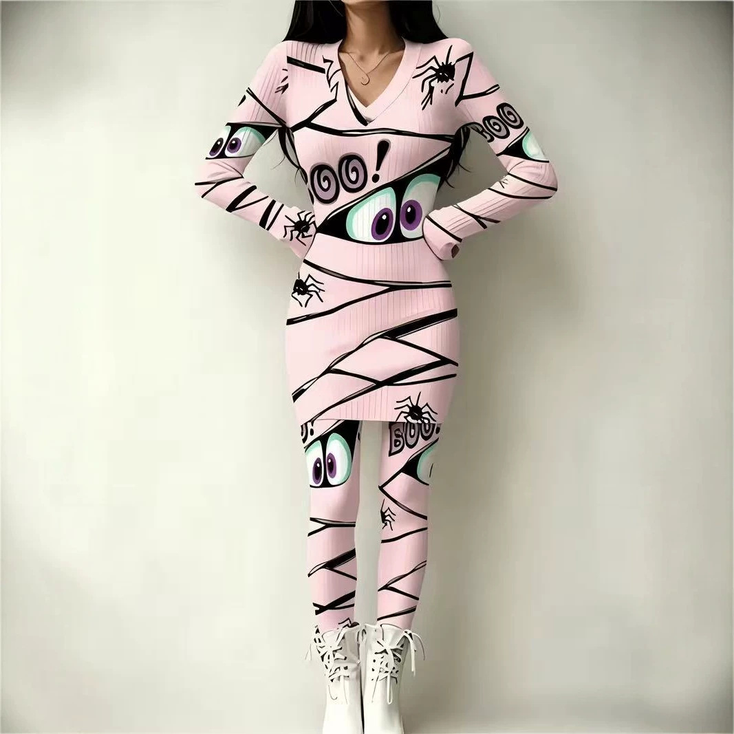 Anime Eye Print Long Sleeve Bodycon Top and Skirt Set
