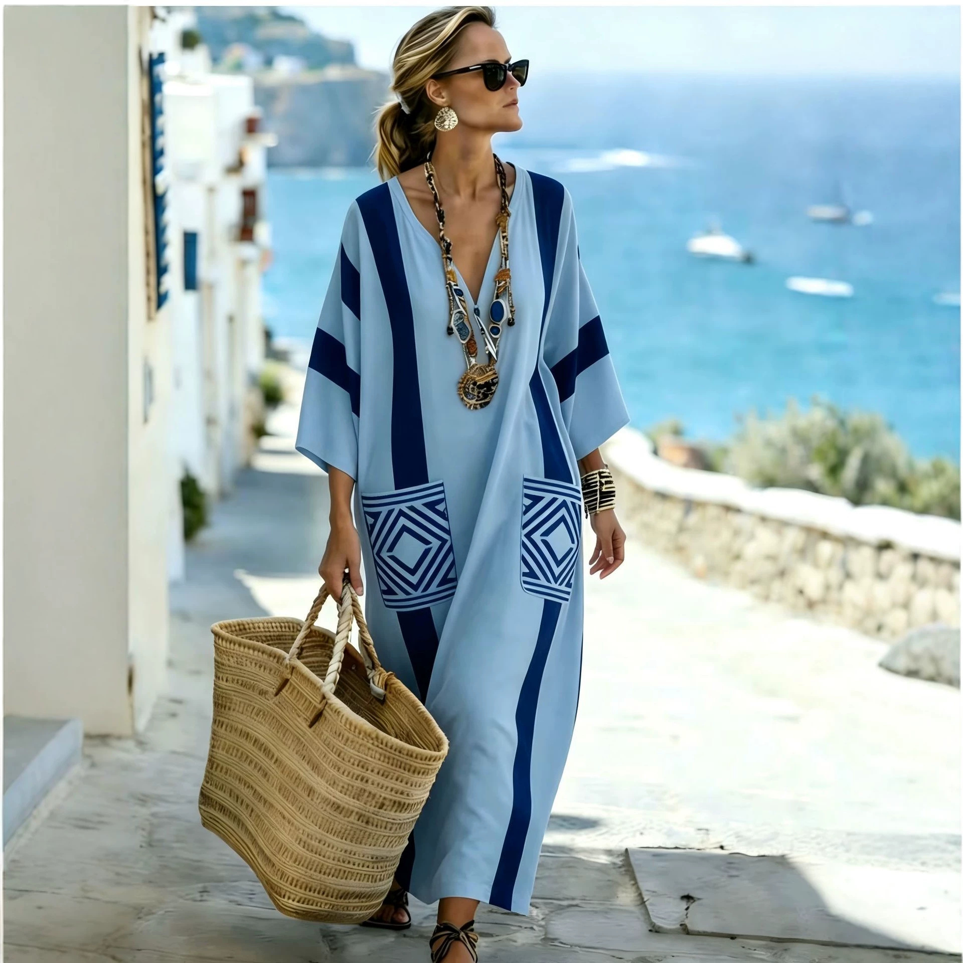Women's Boho Floral Print Midi Dress Deep V-Neck Five-Sleeve Slim Fit