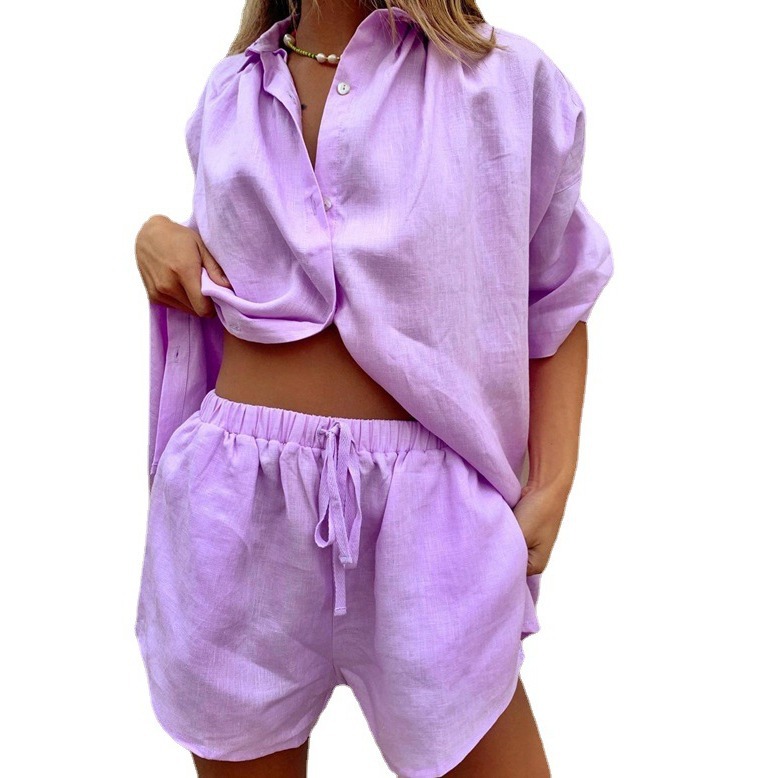 Women's Solid Single-Breasted Short-Sleeve Shirt & Wide-Leg Tie Shorts Set